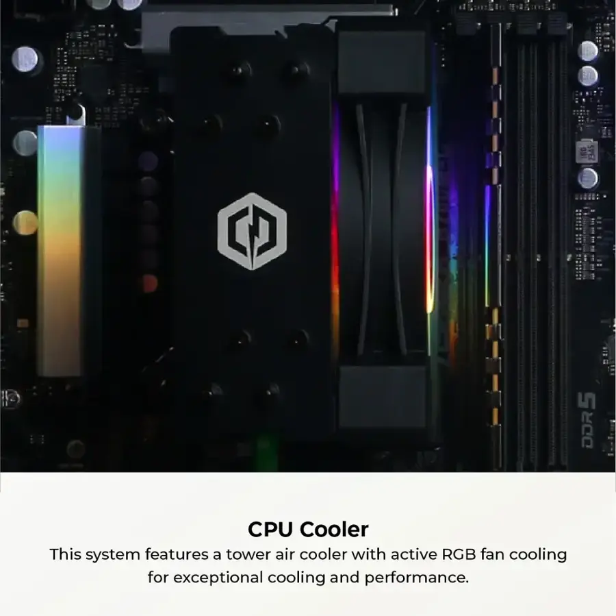 The image shows a close-up view of a CPU cooler with a logo on it. The text on the image reads: "This system features a tower air cooler with active RGB fan cooling for exceptional cooling and performance."
