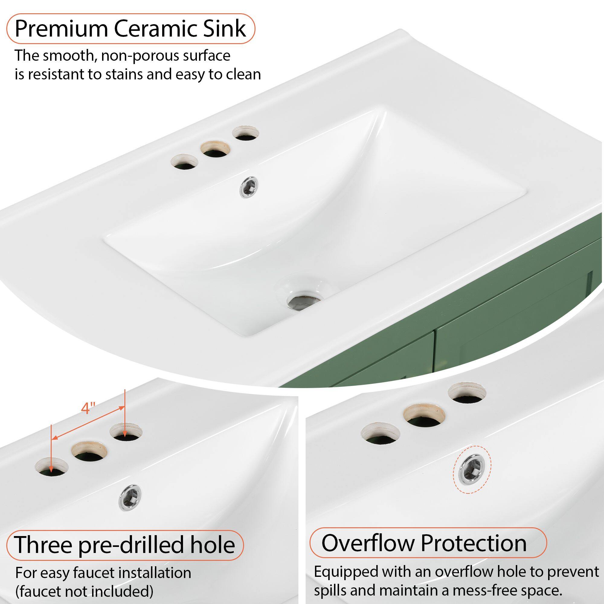 Premium Ceramic Sink  
The smooth, non-porous surface is resistant to stains and easy to clean  

Three pre-drilled hole  
For easy faucet installation (faucet not included)  

Overflow Protection  
Equipped with an overflow hole to prevent spills and maintain a mess-free space.
