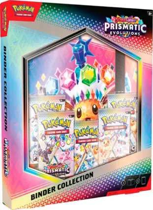 Pokemon Prismatic Evolutions Binder Collection:

* Pokemon Trading Card Game
* 6+ Pokemon Prismatic Searlets Violet Evolutions
* Pokemon Prismatic Evolutions Boosters
* Pokemon Prismatic Evolutions Binder
* Pokemon Prismatic Evolutions Collection
* Pokemon Prismatic Evolutions Binder Includes:
* A Pokemon Trading Card Game
* 6+ Pokemon Prismatic Searlets Violet Evolutions
* Pokemon Prismatic Evolutions Boosters
* Pokemon Prismatic Evolutions Binder