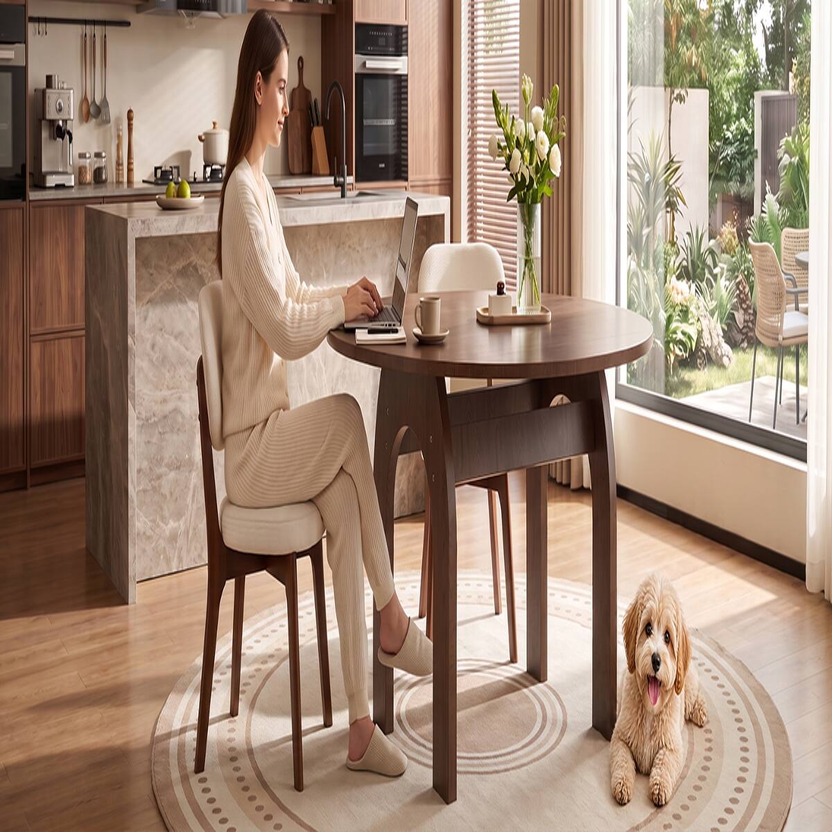 Alt View 8. Loheer - Loheer Solid Wood Dining Table, Extendable Drop Leaf, Walnut Finish, Oval to Round, Seats Six - Walnut.