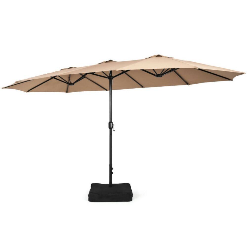 Left. Mondawe - 15 Feet Double-Sided Twin Patio Umbrella with Crank and Base - Brown.