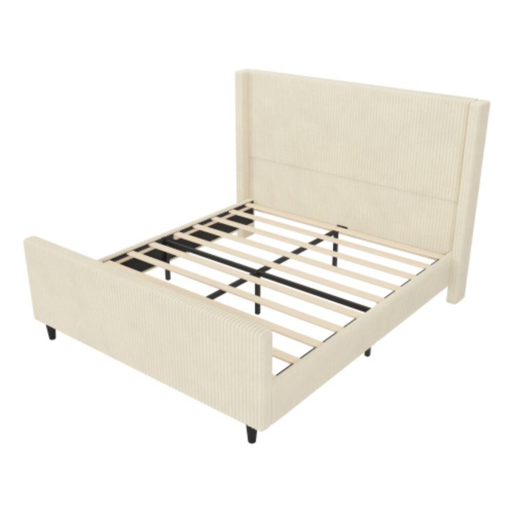 Left. LUCKY ONE - Queen Size Corduroy Upholstered Platform Bed Frame with 50.7in Wingback Headboard, High Footboard, Wooden Slats - Cream.