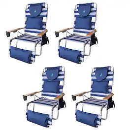 Ostrich - Deluxe Padded 3-N-1 Outdoor Lounge Reclining Beach Chair, Blue (4 Pack) - Striped blue