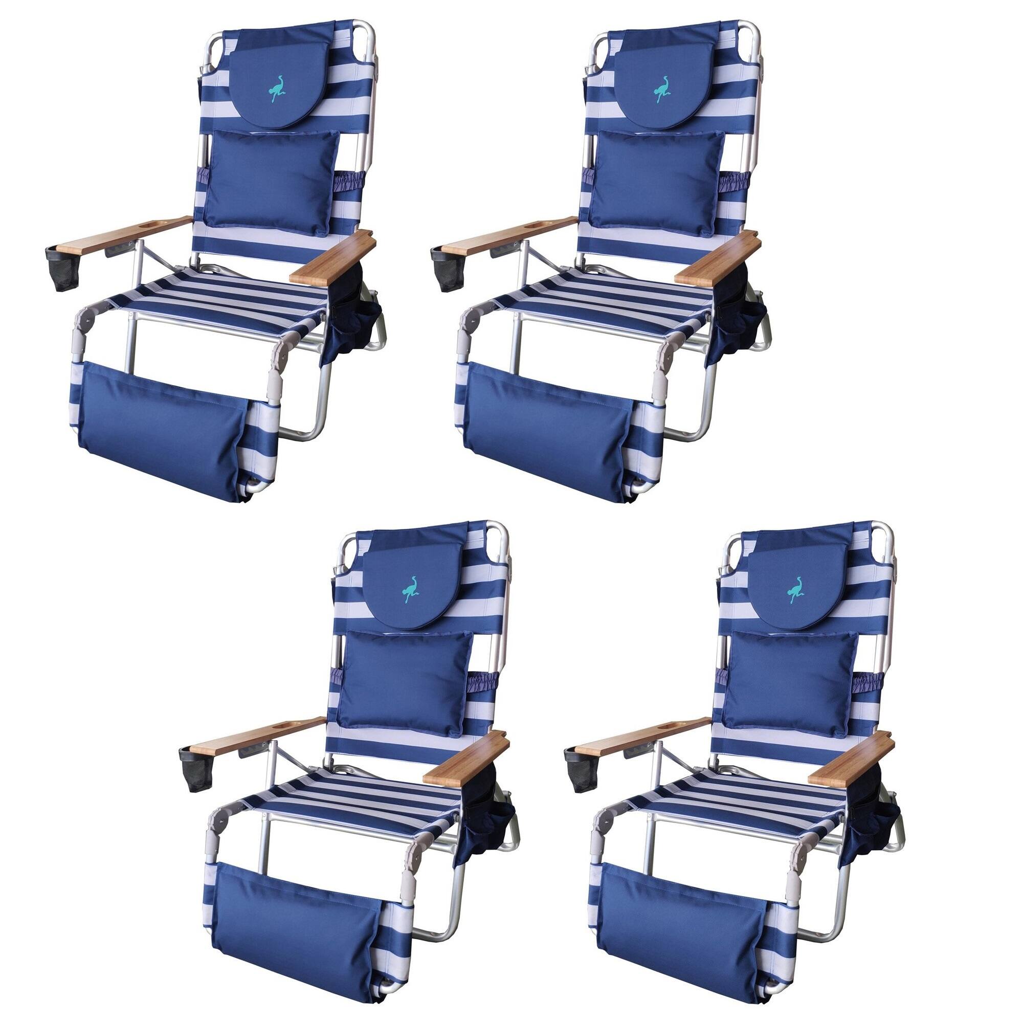 Front. Ostrich - Ostrich Deluxe Padded 3-N-1 Outdoor Lounge Reclining Beach Chair, Blue (4 Pack) - Striped blue.