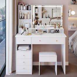 Loheer - 41 inch makeup vanity table with mirror and stool, MDF, Touch Control LED Mirror - White
