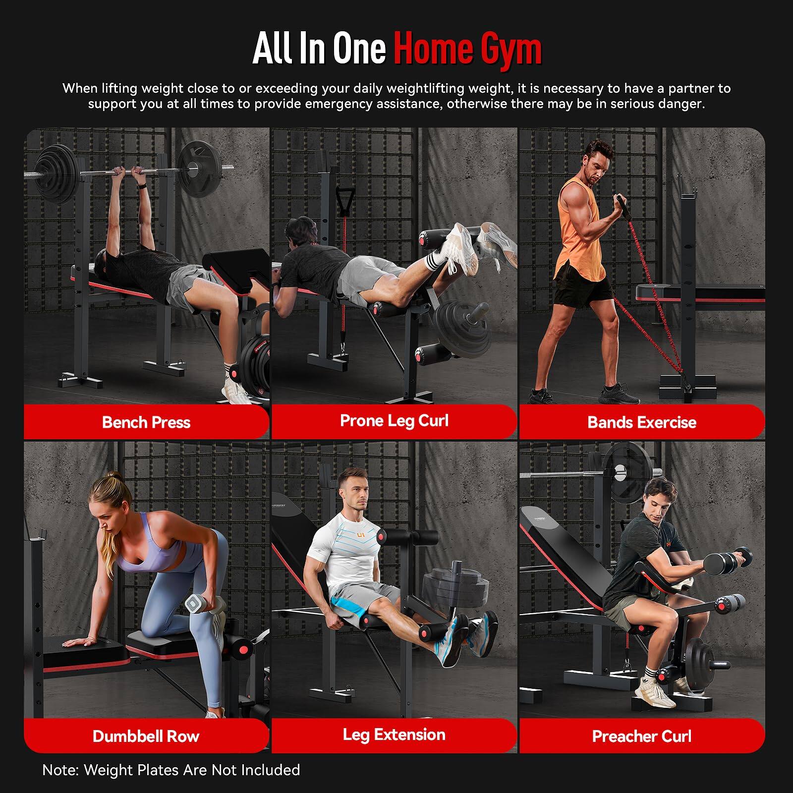 **All In One Home Gym**

When lifting weight close to or exceeding your daily weightlifting weight, it is necessary to have a partner to support you at all times to provide emergency assistance, otherwise there may be in serious danger.

- Bench Press
- Prone Leg Curl
- Bands Exercise
- Dumbbell Row
- Leg Extension
- Preacher Curl

Note: Weight Plates Are Not Included