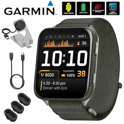 GARMIN™ AMOLED DISPLAY UPTO 8 DAYS AW 24/7 HEALTH & FITNESS MONITORING GARMIN CONNECT APP
S M T W T F S
AUG 1
10:10
GARMIN 8000
38
6:30 - 8:30 pm
Dinner with Erin