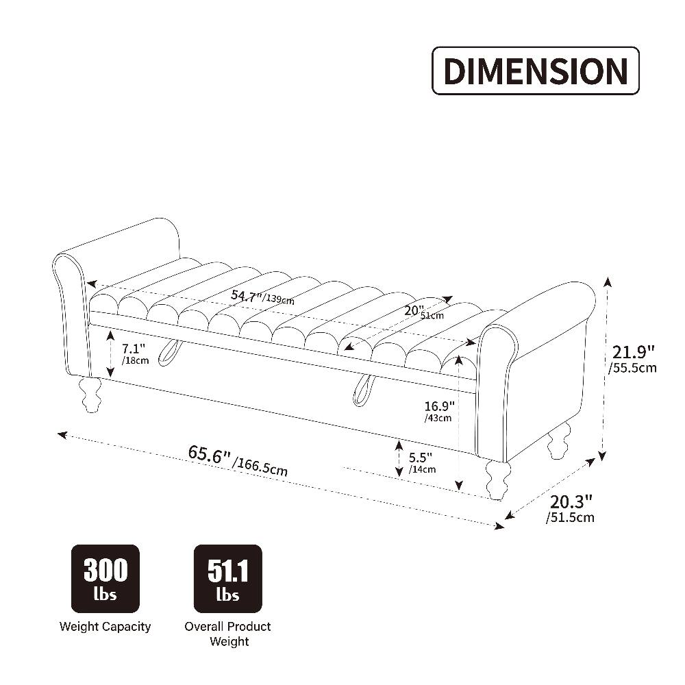 DIMENSION  
54.7" / 139cm  
20" / 51cm  
7.1" / 18cm  
21.9" / 55.5cm  
65.6" / 166.5cm  
16.9" / 43cm  
5.5" / 14cm  
20.3" / 51.5cm  
300 lbs  
51.1 lbs  
Weight Capacity  
Overall Product Weight