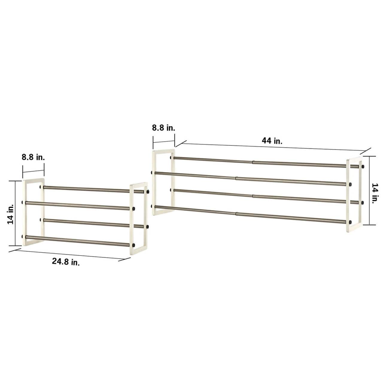 The image shows a shelf with dimensions of 8.8 inches by 44 inches. The shelf is made of metal and has a white finish. It is designed to hold items securely and can be used in various settings, such as a home, office, or storage area. The shelf is also shown in a vertical position, indicating that it can be mounted on a wall or placed on a stand.