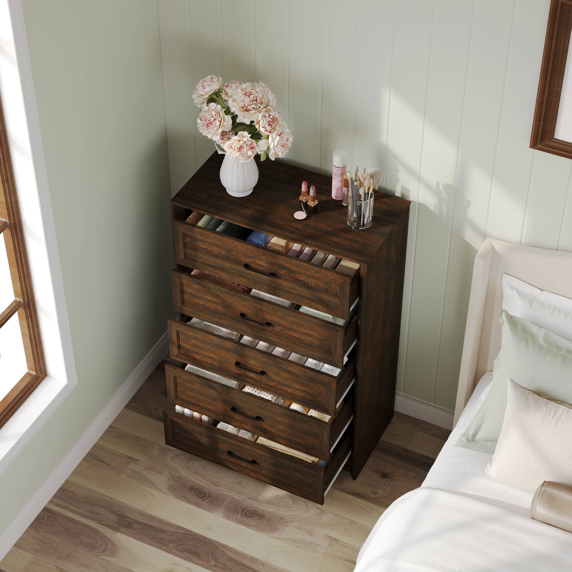 Left. FUFU&GAGA - Vintage Dark Wood Grain 5-Drawer Dresser, Modern Minimalist Design, Eco-Friendly MDF, Perfect for Bedroom, Living Room - Brown.