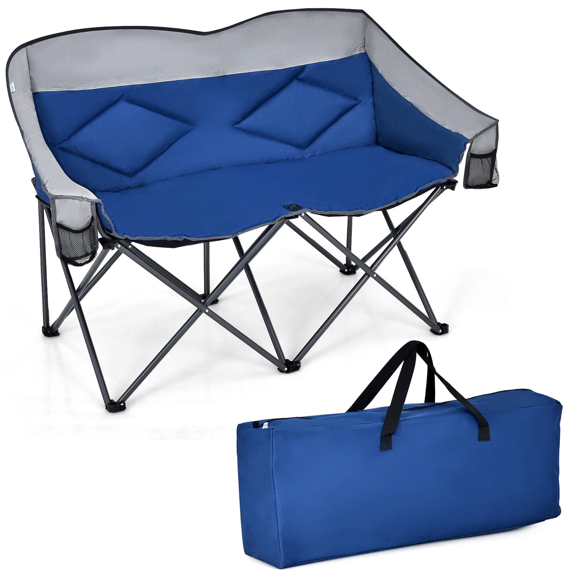 Costway - Folding Camping Chair Loveseat Double Seat w/ Bags & Padded Backrest - Blue