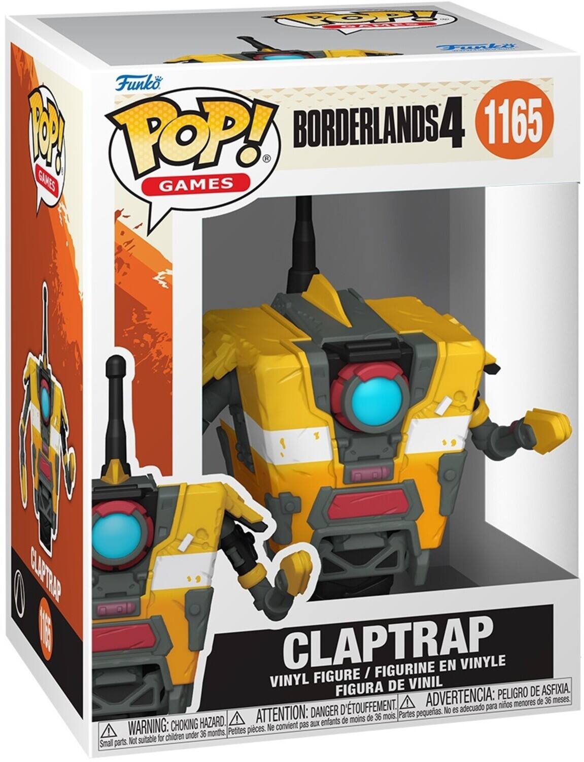 Funko POP! Games  
Borderlands 4  
1165  
Claptrap  
Vinyl Figure / Figurine en Vinyle / Figura de Vinil  

Advertencia: Peligro de asfixia. Menores de 36 meses.  
Attention: Danger d'étouffement. Ne convient pas aux enfants de moins de 36 mois.  
Warning: Choking hazard. Not suitable for children under 36 months.  
Petites pièces.