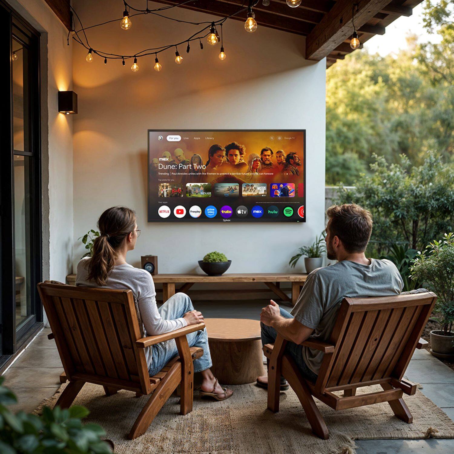 The image shows a man and a woman sitting in chairs in front of a TV, watching Dune: Part Two. The TV is placed on a wall, and the couple is seated on a bench. The man is holding a remote, likely controlling the TV. The scene appears to be set in a living room or a similar indoor space.