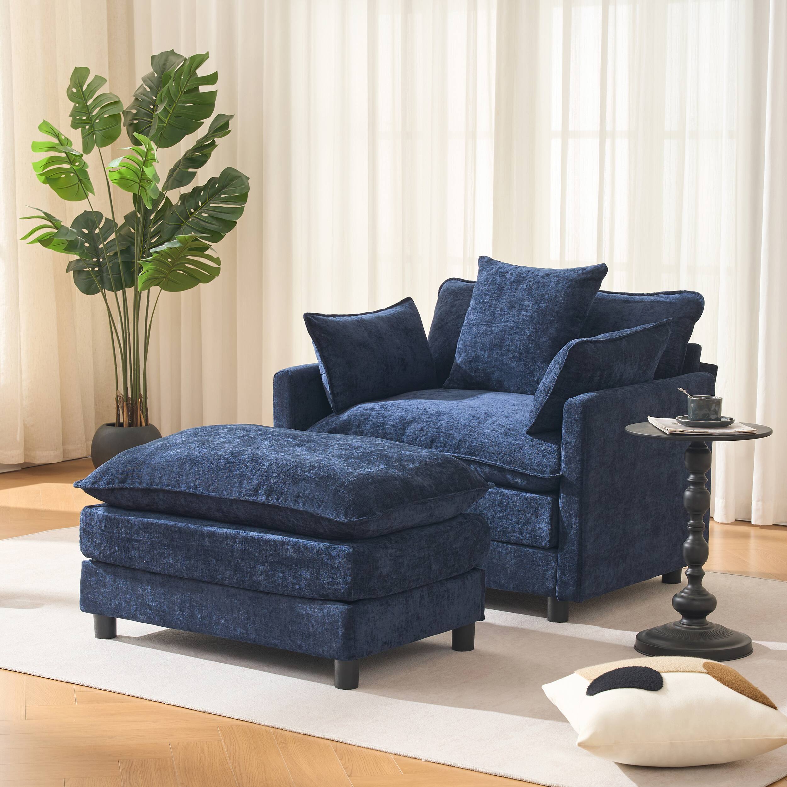 Meqiodas - 39.4" Modern Accent Chair with Ottoman, Living Room Club Chair Chenille Upholstered Armchair , Reading Chair for Bedroom - Blue