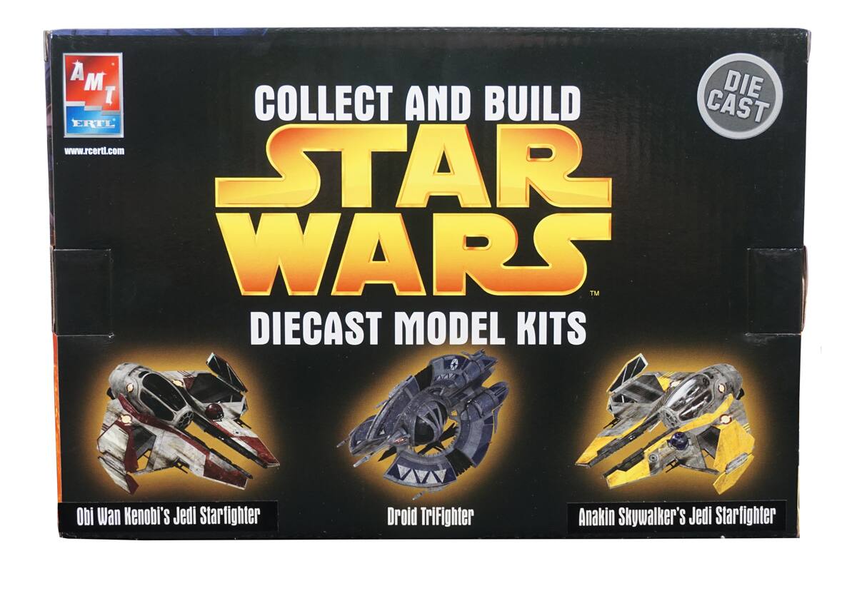 COLLECT AND BUILD  
STAR WARS™  
DIECAST MODEL KITS  

Obi Wan Kenobi's Jedi Starfighter  
Droid TriFighter  
Anakin Skywalker's Jedi Starfighter  

AMT  
ERTL  
www.rcertl.com  

DIE CAST