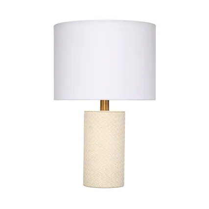 Front. Manhattan Lane - Myn Table Lamp, 18 Inch, Linen Drum Shade, Leather Base - Cream, White, Brass.