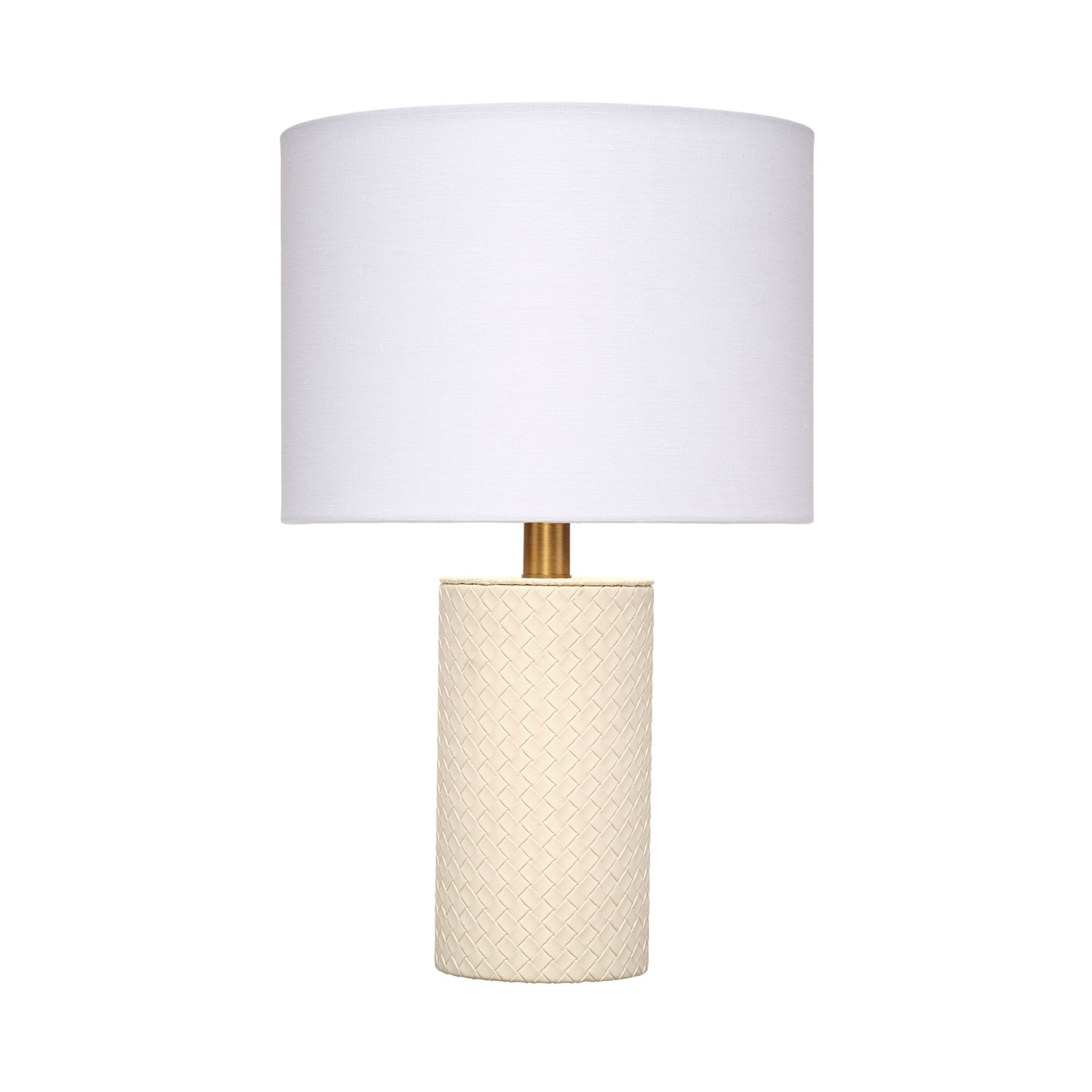Front. Manhattan Lane - Myn Table Lamp, 18 Inch, Linen Drum Shade, Leather Base - Cream, White, Brass.