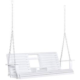 Outsunny - 3-Seater Wooden Porch Swing, Patio Swing Bench with Folding Coffee Table, Cup Holders and Chains Included - White