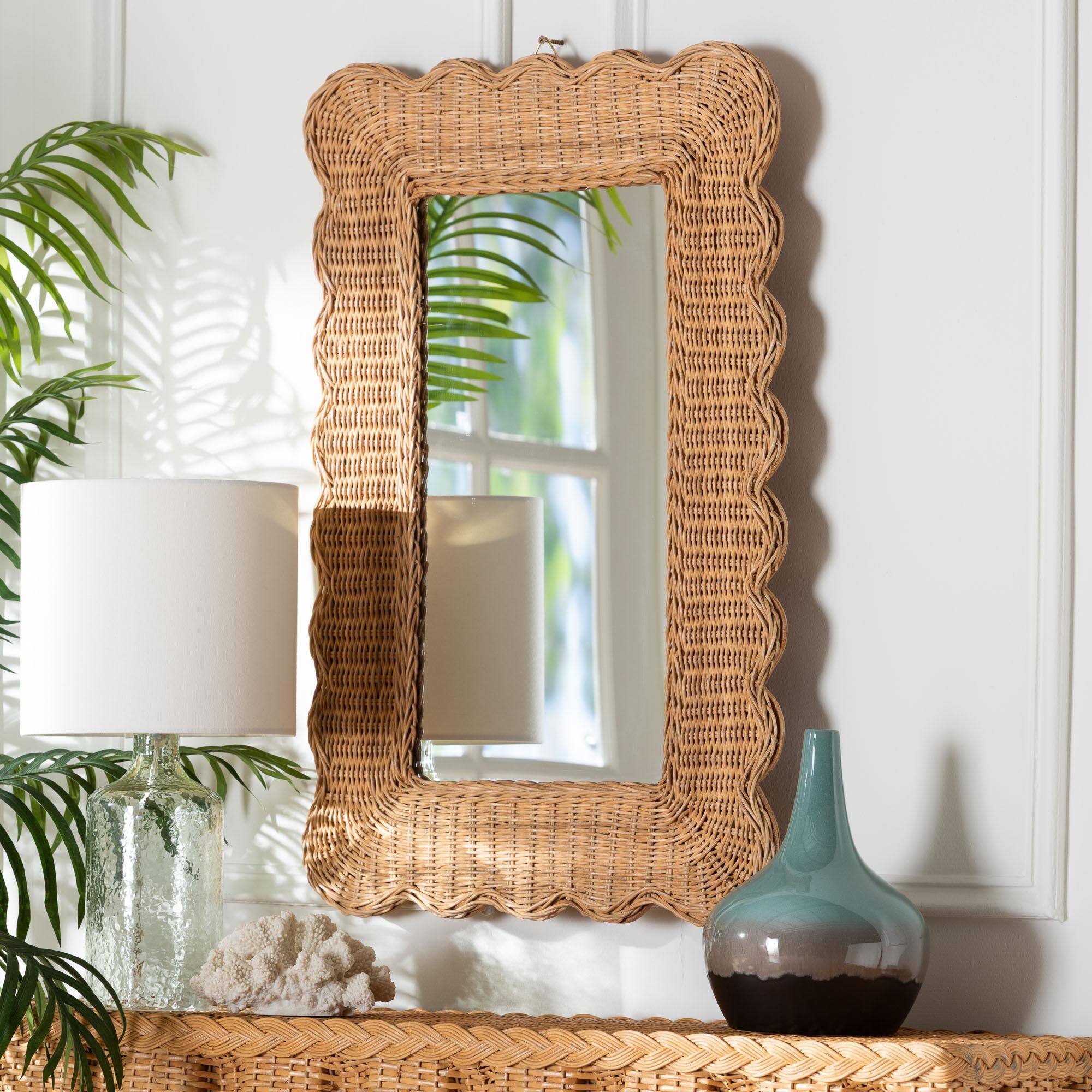 Left. bali & pari - Makoto Scalloped Natural Rattan Wall Mirror - Handwoven Wicker Rectangle Frame, Boho Coastal Accent Wall Décor - Honey.