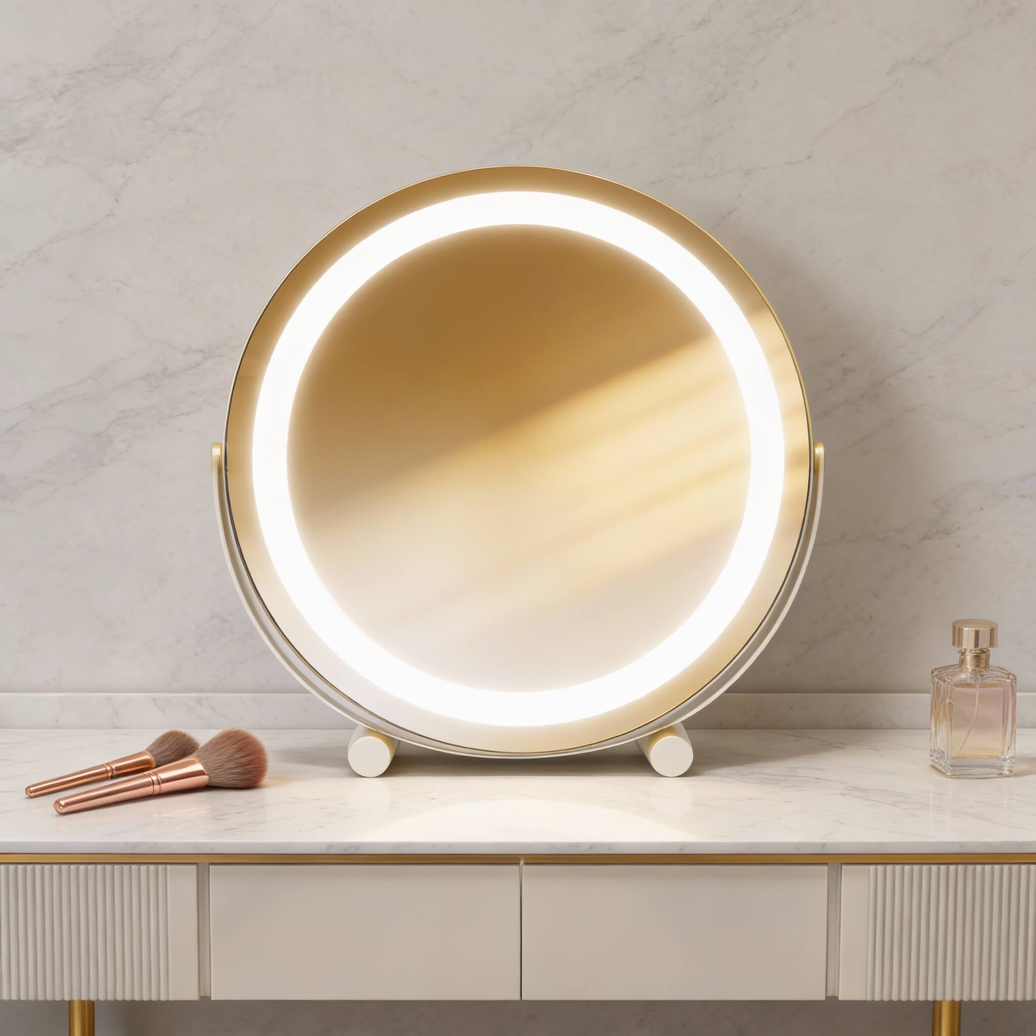 Left. PO3TICJUNKI3 - 12" Gold Lighted Makeup Mirror, 3-Color Dimmable LED, 360° Rotating Tabletop - White 18"L x 18"W.