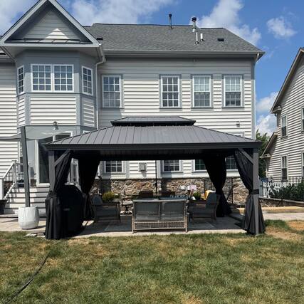 Front. PURPLE LEAF - 13' X 15' Light Gray Aluminum Power-Coated Frame Galvanized Steel Double Roof Hardtop Gazebo,Hooks Netting Curtain - 13' X 15'.