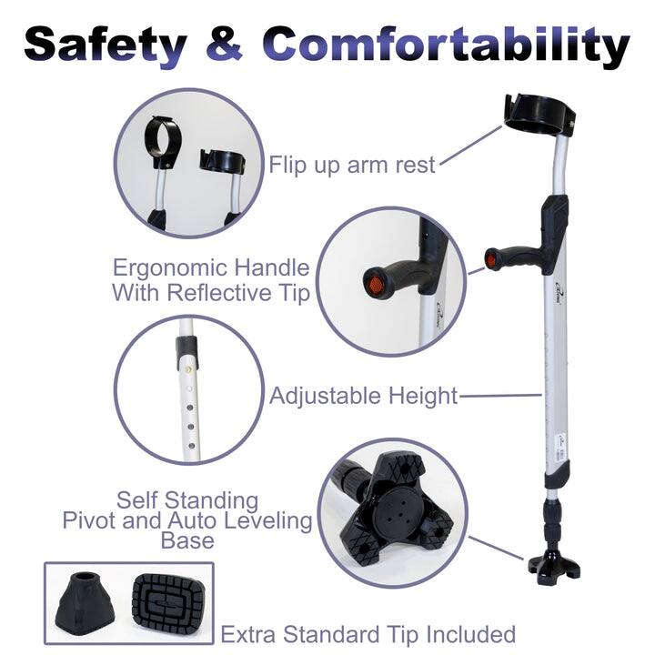 Safety & Comfortability  
- Flip up arm rest  
- Ergonomic Handle With Reflective Tip  
- Adjustable Height  
- Self Standing Pivot and Auto Leveling Base  
- Extra Standard Tip Included