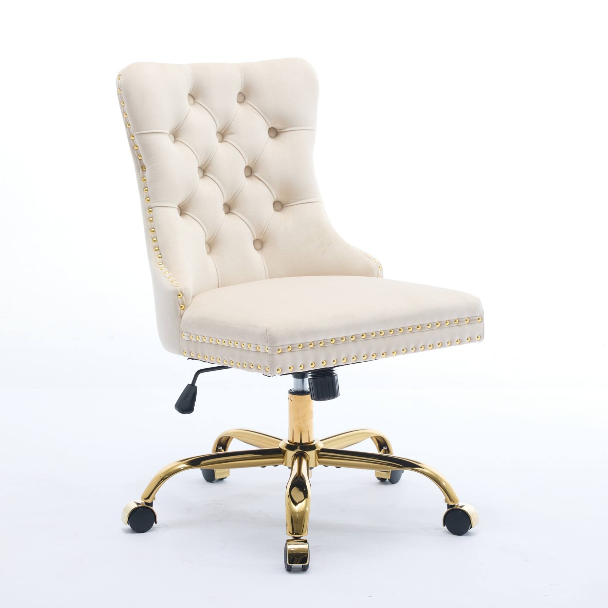 Left. GOODSILO - Modern Velvet Upholstered Office Chair with Tufted Button Design and Golden Metal Base for Home Workspace - Beige.