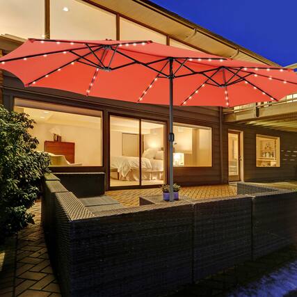 Front. Gymax - Gymax Outdoor 15' Double-Sided Patio Umbrella 48 Solar LED Lights Crank & Base Orange - Orange.