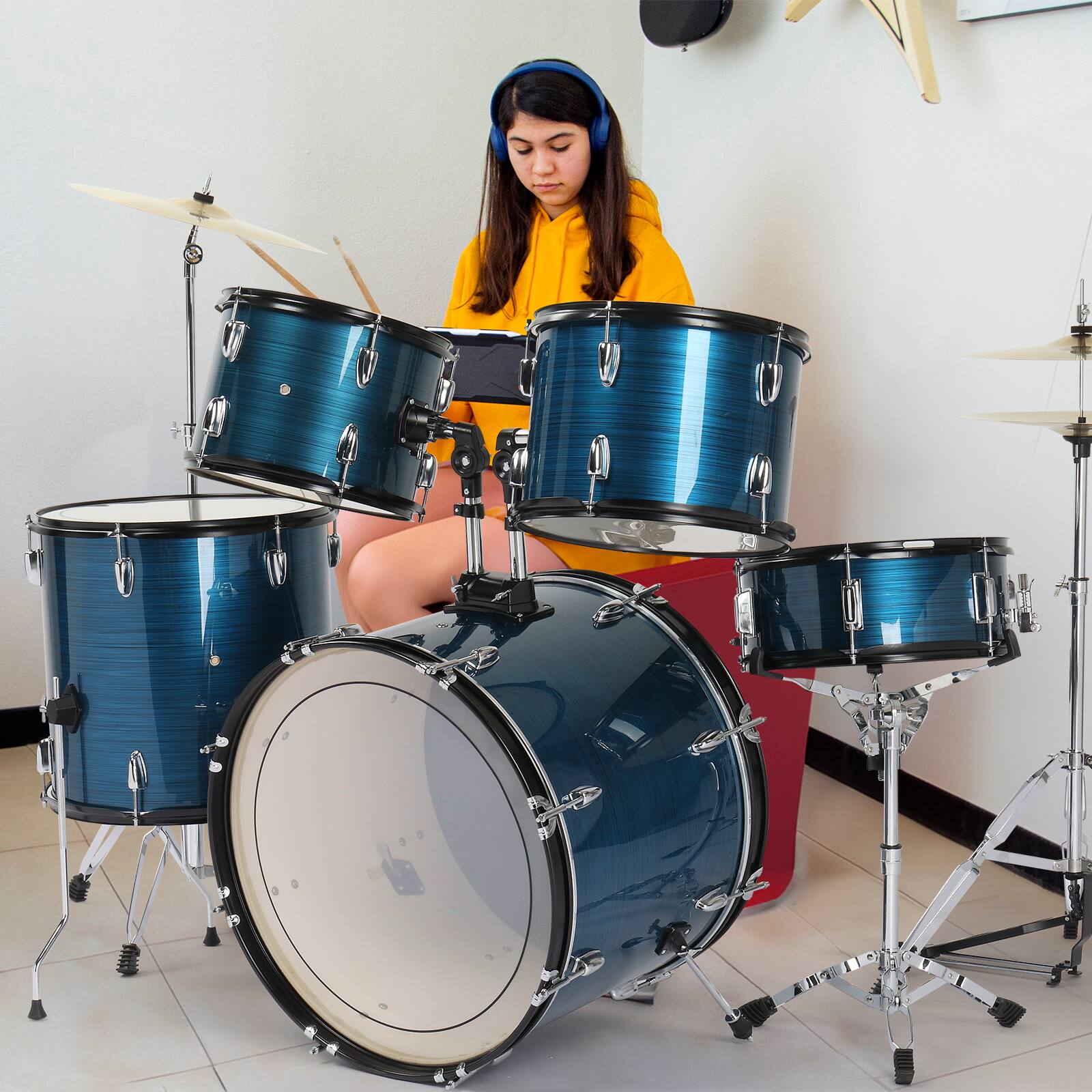 Alt View 3. Winado - 22 In Adult Drum Set,5-Piece Full-Size Drums Kit with Cymbal Stands, Hi-hat Stand, Sticks, Drum Pedal, Stool & Floor Tom.