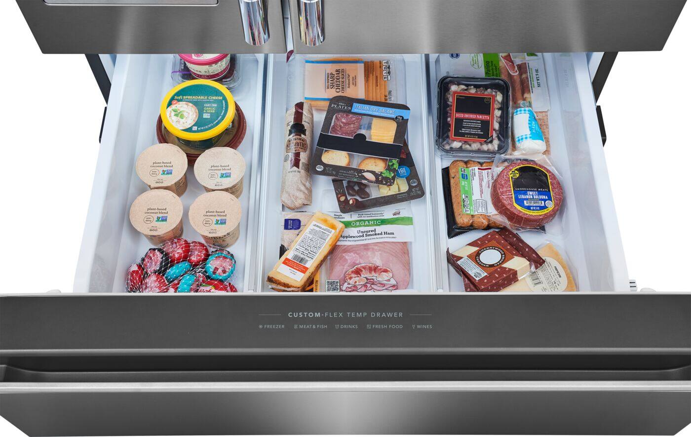 Soft Spreadable Cheese  
Sharp Cheddar  
Italian Dry Salami  
Prosciutto  
Organic Uncured Applewood Smoked Ham  
Plant-Based Coconut Blend  
Custom-Flex Temp Drawer  
Freezer  
Meat & Fish  
Drinks  
Fresh Food  
Wines