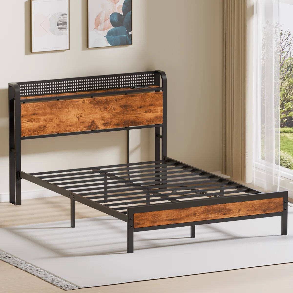 Alt View 2. Furnulem - Bed Frame with Storage Headboard Metal Platform Bed Frame LED Lights and Charging Station - Brown.