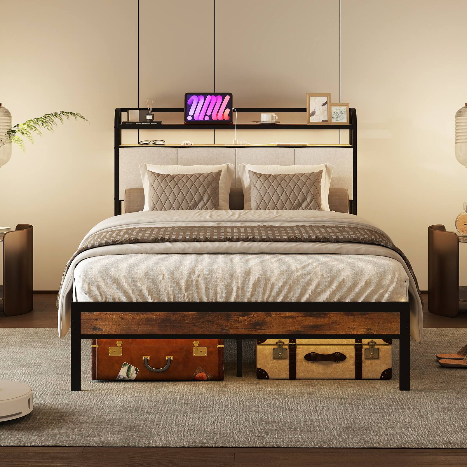 Alt View 1. Costway - Costway Full Size Bed Frame w/ Charging Station Metal Platform Bed w/Upholstered Headboard - Rustic Brown,Black,Grey.