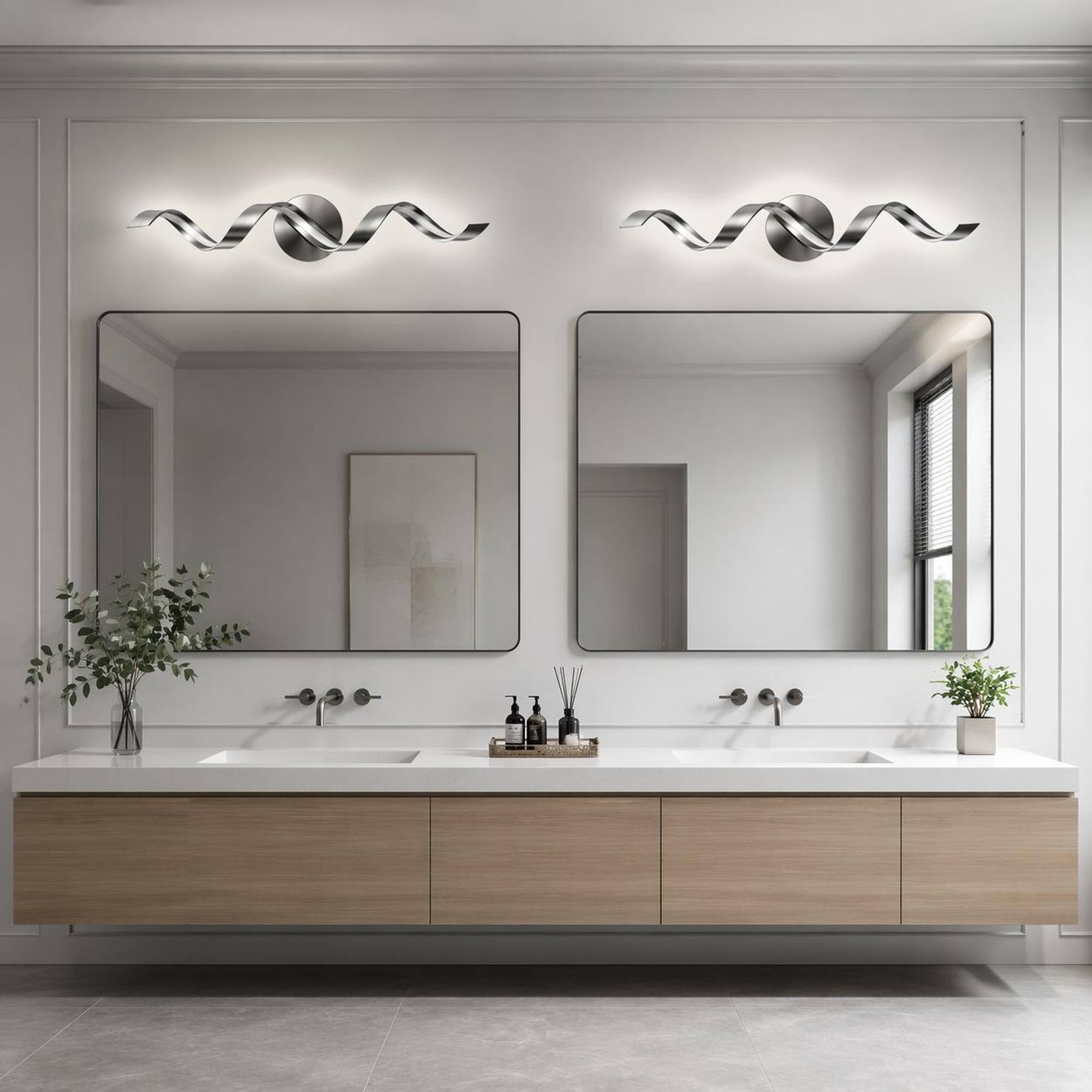 Left. RYHNUYNE - Modern LED Bathroom Vanity Light 24 Inch Dimmable Black Wall Sconce with Spiral Acrylic Shade, Over Mirror Fixture.
