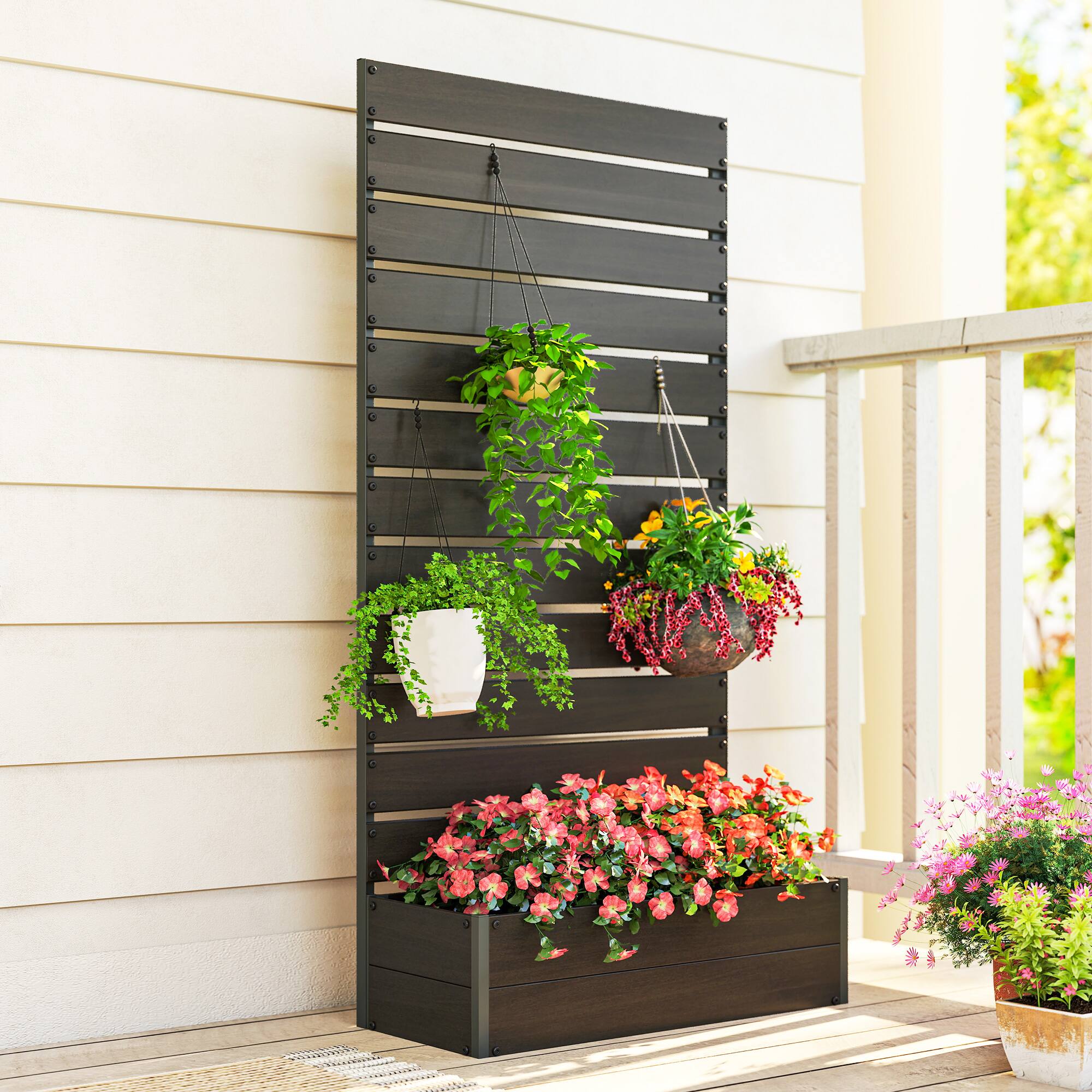 Alt View 8. Outsunny - Planter for Climbing Plants, Raised Garden Bed with Trellis - Black.