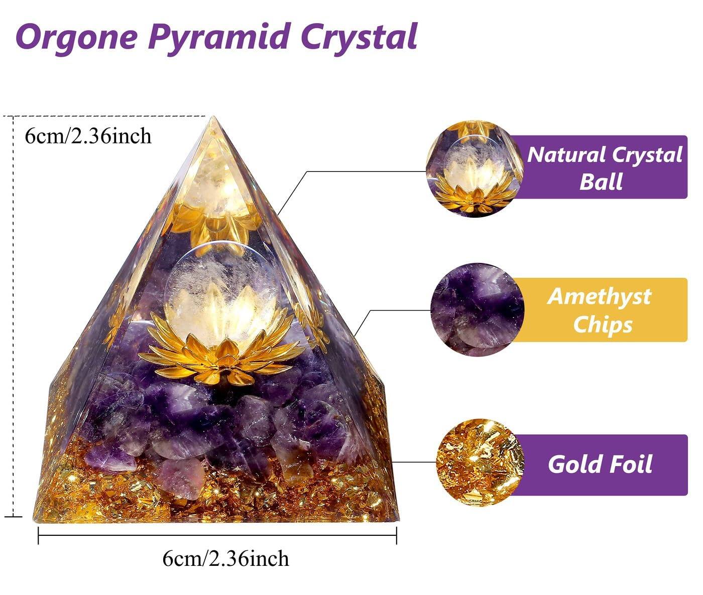Orgone Pyramid Crystal

- 6cm/2.36inch
- Natural Crystal Ball
- Amethyst Chips
- Gold Foil
- 6cm/2.36inch