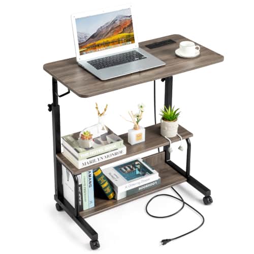 Winado - 31.5" Portable Rolling Desk Mobile Laptop Table on Wheels Height Adjustable Standing Desk with 2 AC Outlets/3 USB Ports - Gray