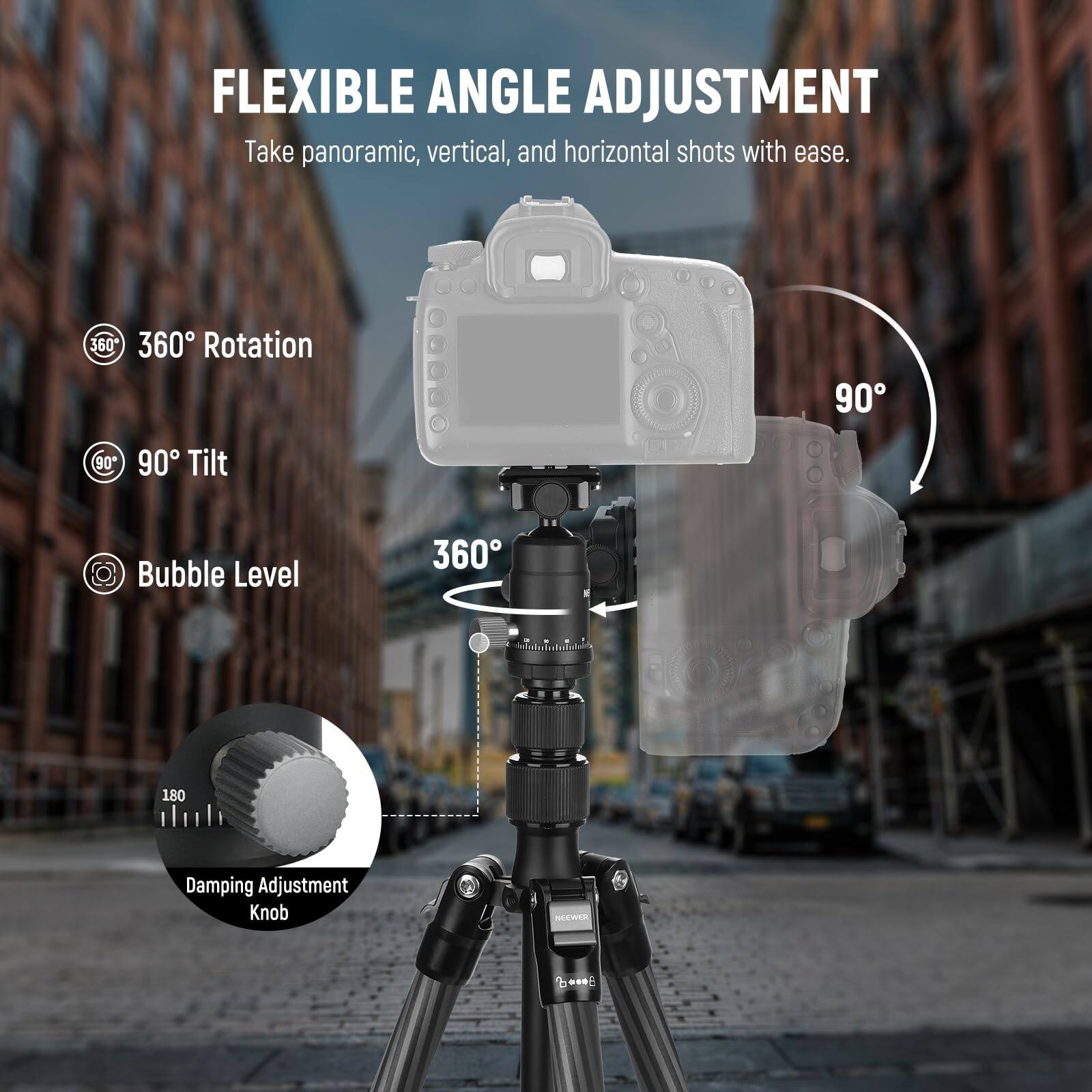 FLEXIBLE ANGLE ADJUSTMENT  
Take panoramic, vertical, and horizontal shots with ease.  

- 360° Rotation  
- 90° Tilt  
- Bubble Level  
- 360° Damping Adjustment Knob