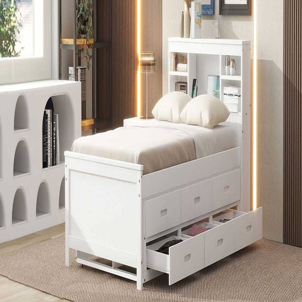 Alt View 2. Loheer - Loheer Twin Platform Bed with Storage Headboard Trundle White - White.