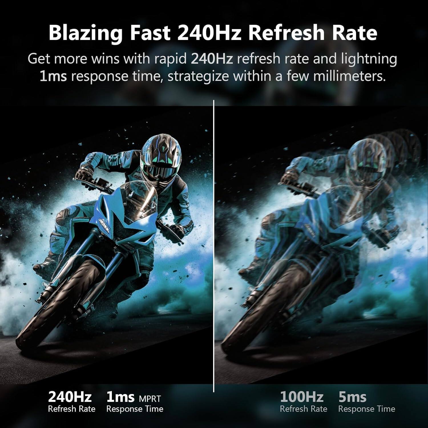 Blazing Fast 240Hz Refresh Rate
Get more wins with rapid 240Hz refresh rate and lightning 1ms response time, strategize within a few millimeters.
240Hz 1ms MPRT Refresh Rate Response Time
100Hz 5ms Refresh Rate Response Time