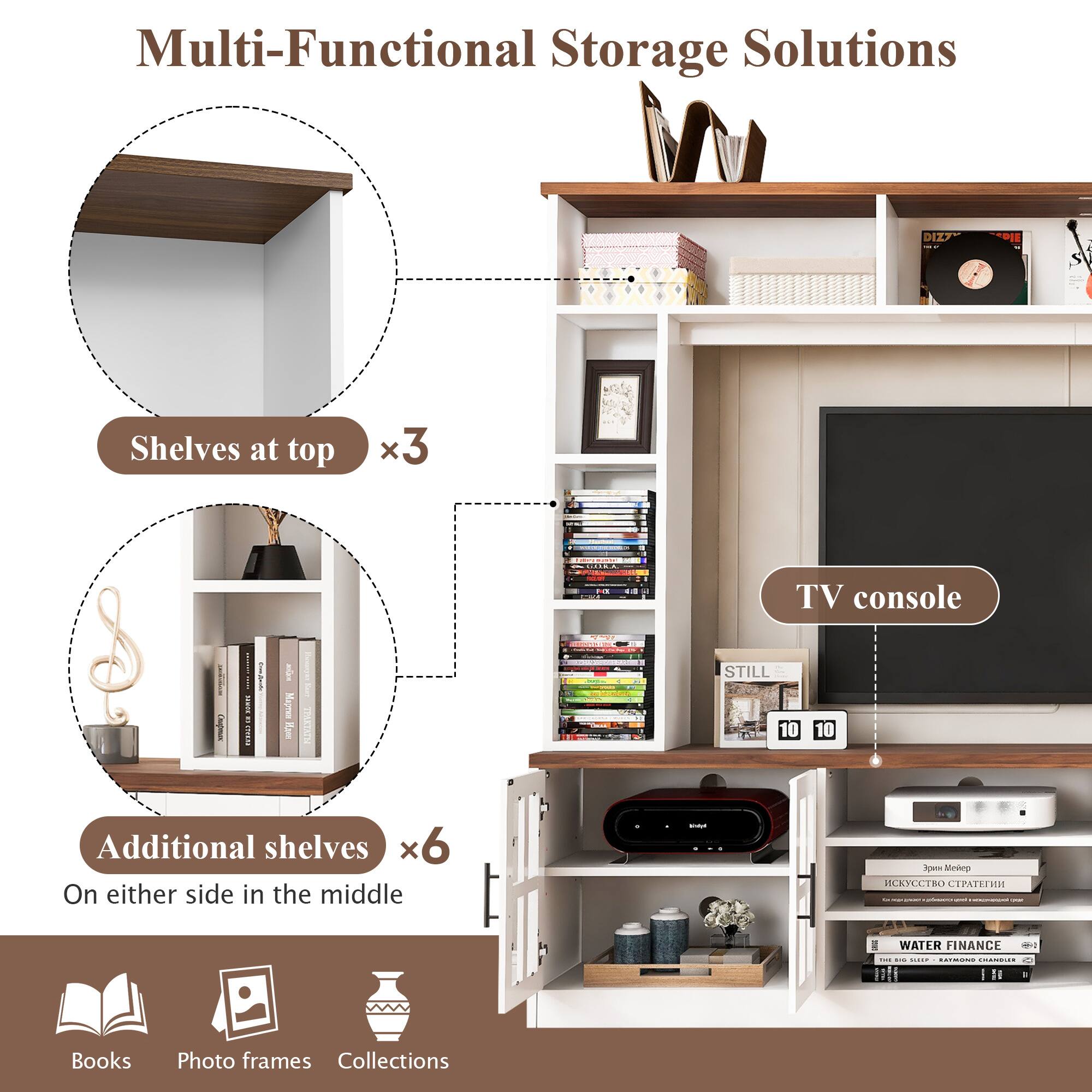 Multi-Functional Storage Solutions

- Shelves at top x3
- TV console
- Additional shelves x6 On either side in the middle
- Books
- Photo frames
- Collections