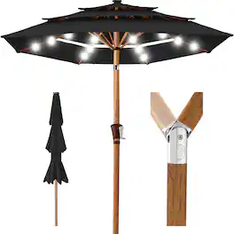 Best Choice Products - Woodgrain Pattern 10ft 3-Tier Solar Patio Umbrella w/ 24 LED Lights, Tilt - Black