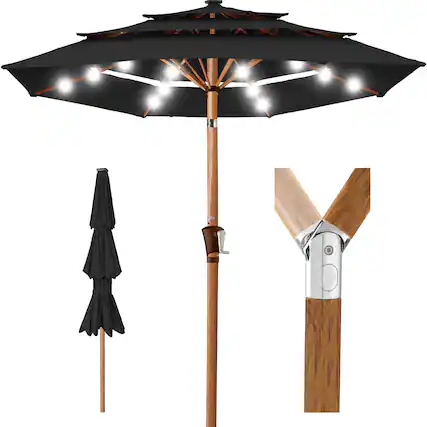 Front. Best Choice Products - Best Choice Products Woodgrain Pattern 10ft 3-Tier Solar Patio Umbrella w/ 24 LED Lights, Tilt - Black - Black.
