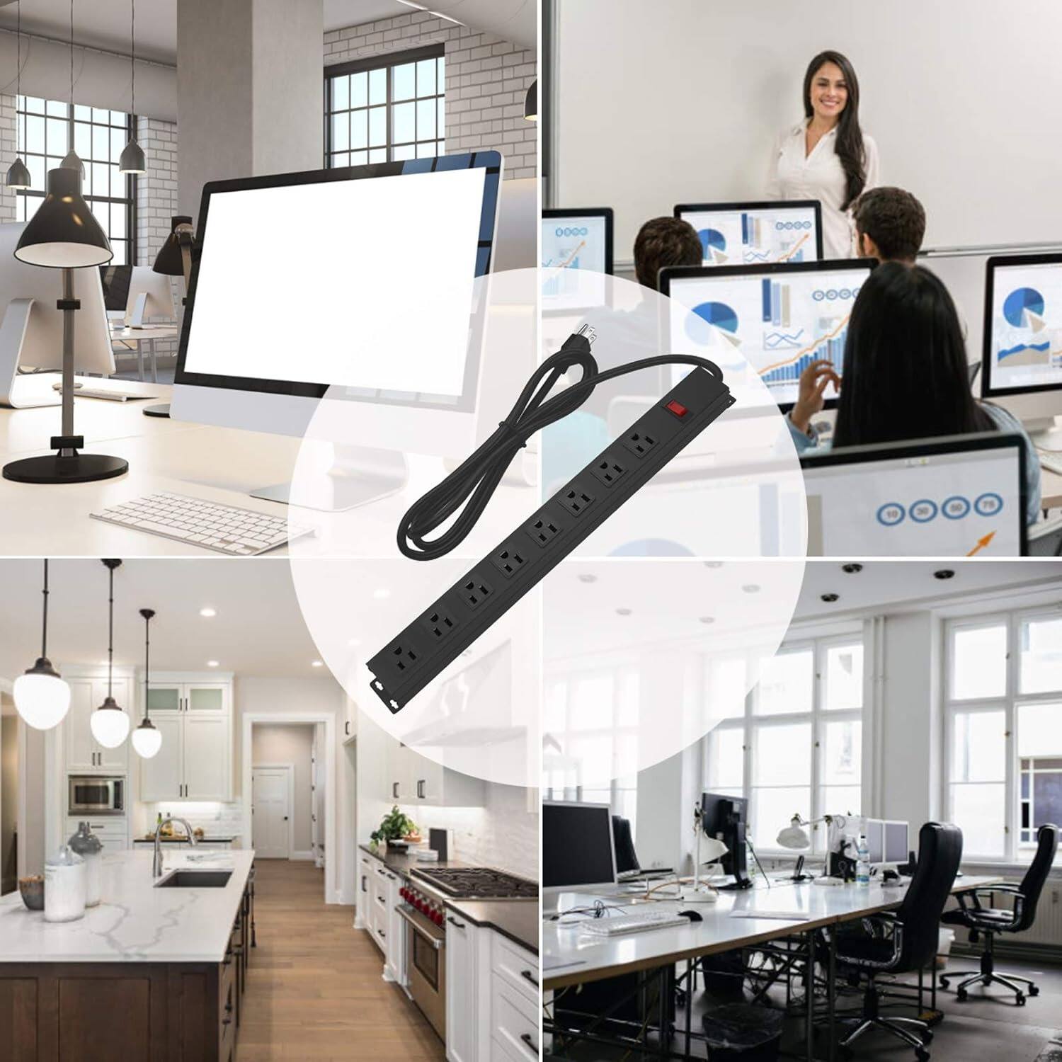 Back. PARKER SLATER - Metal Mountable Power Strip with 8 Wide-Spaced Outlets, 15A/125V/1875W, Switch, 6FT 14AWG Cord – Heavy-Duty Black - Black.