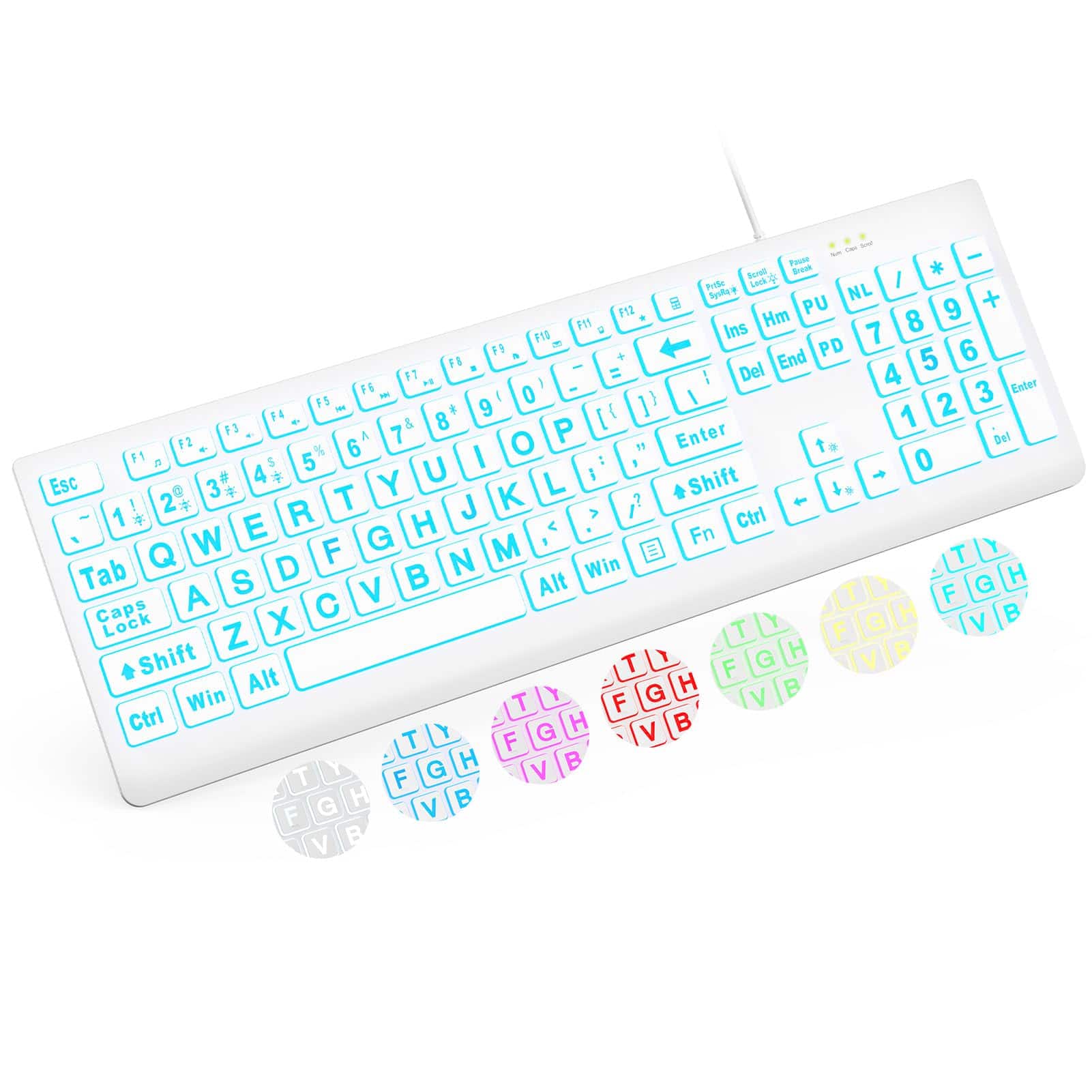 TECH SAFARI - Print Backlit Wired Usb Lighted Computer Keyboards With 7-color & 4 Modes Oversize Letters Keys Easy To See - White