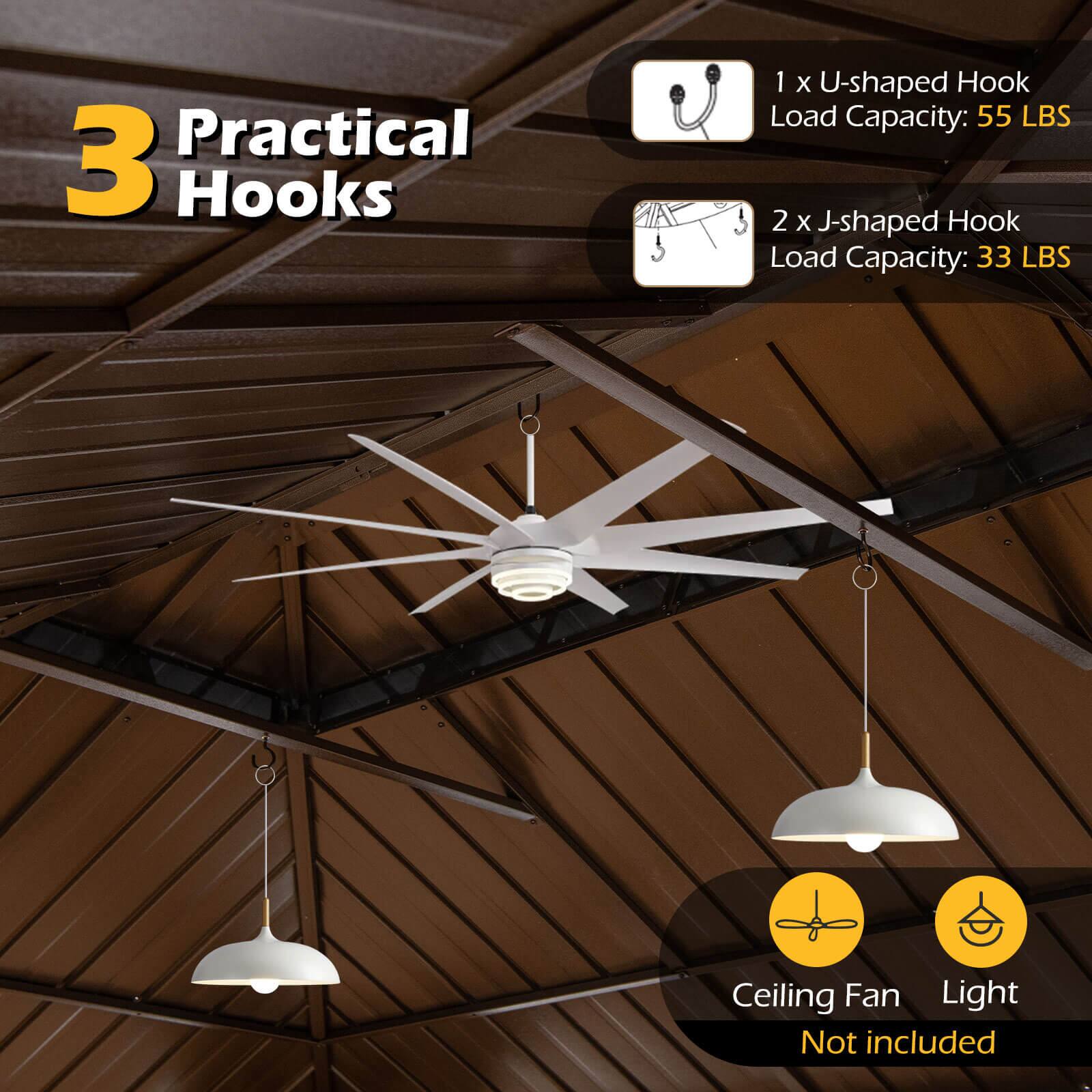3 Practical Hooks

1 x U-shaped Hook  
Load Capacity: 55 LBS

2 x J-shaped Hook  
Load Capacity: 33 LBS

Ceiling Fan Light  
Not included