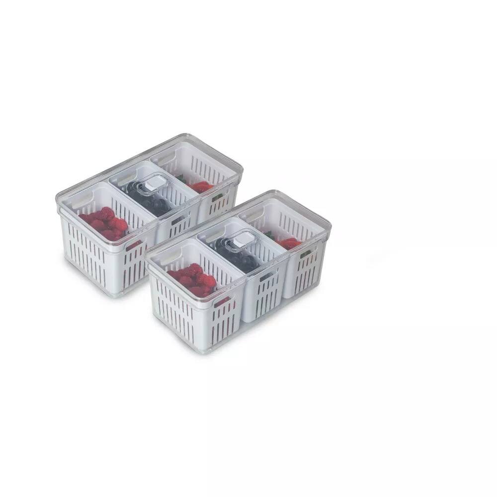 Alt View 7. OU - OU Fridge Organizer Bins with Triple Drain Baskets & Vented Lids, Clear Produce Kitchen Storage Bin - Clear.
