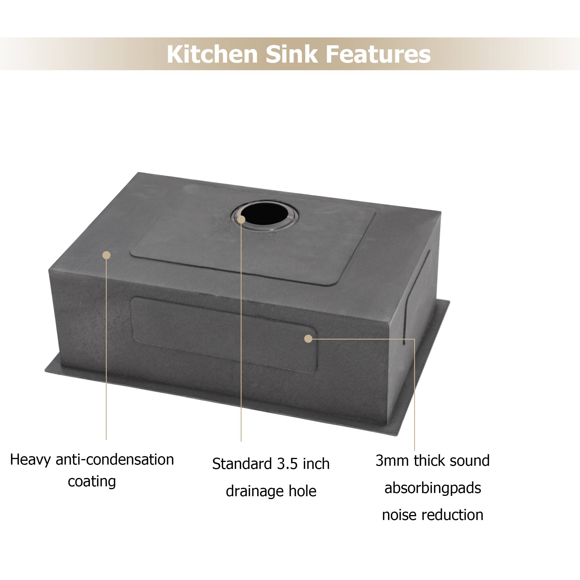 Kitchen Sink Features

- Heavy anti-condensation coating
- Standard 3.5 inch drainage hole
- 3mm thick sound absorbing pads
- Noise reduction