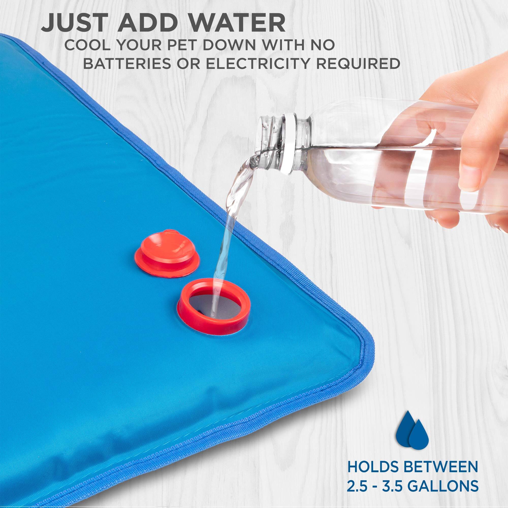 JUST ADD WATER COOL YOUR PET DOWN WITH NO BATTERIES OR ELECTRICITY REQUIRED HOLDS BETWEEN 2.5 - 3.5 GALLONS