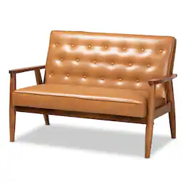 Baxton Studio - Sorrento Mid-Century Modern Faux Leather Upholstered and Walnut Finished Wood Loveseat - Tan/walnut brown