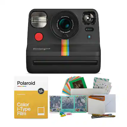 Polaroid Color i-Type Film is shown with a Polaroid camera and some cards.